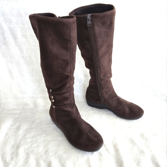 Elegant Brown Knee-High Boots Casual Comfort Low Wedge‎ Heel - Picture 1 of 9